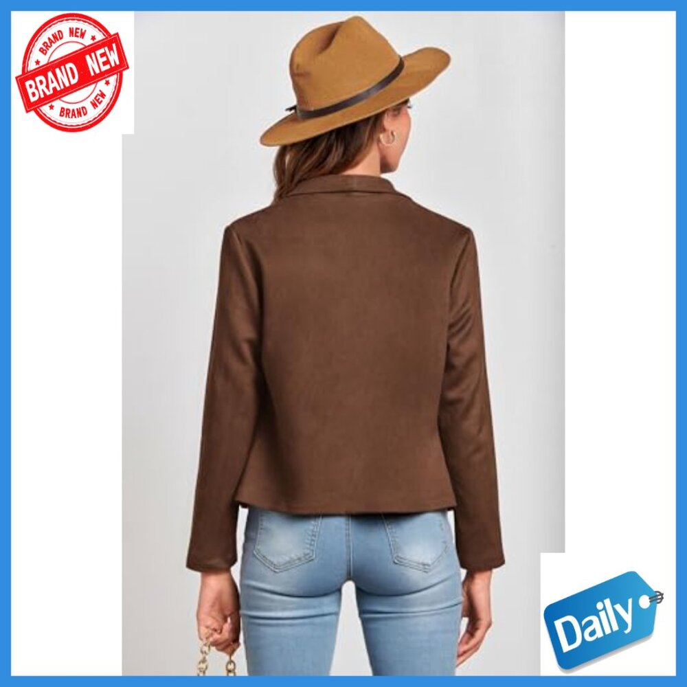 Faux Suede Cropped Jacket, Long Sleeve Open Front, Fall Winter Coat - Picture 2 of 7